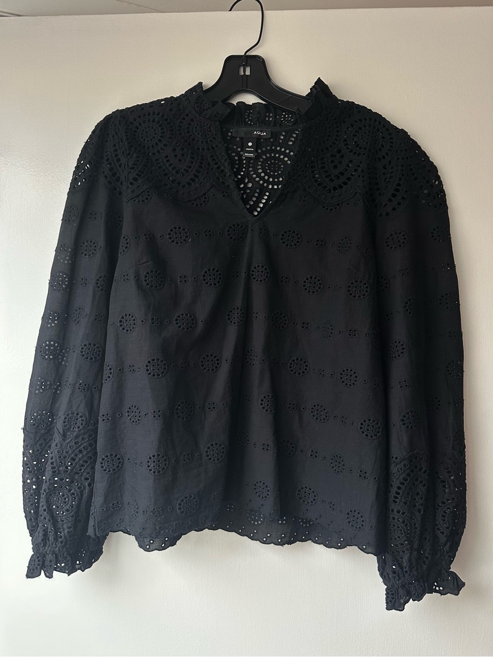 Aqua Black Eyelet Lace Long-Sleeve Top